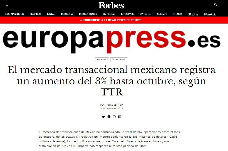 El mercado transaccional mexicano registra un aumento del 3% hasta octubre, segn TTR